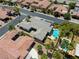 Captivating aerial view of the home's backyard oasis featuring a sparkling pool and lush landscaping at 6425 Orto Botanico Ct, Las Vegas, NV 89131