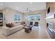 Bright living room featuring a modern fireplace, comfortable seating, and large sliding glass doors at 120 Los Cabos Dr # 301, Las Vegas, NV 89144