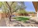 Low maintenance backyard featuring gravel, artificial turf, a mature shade tree, and swing at 8005 Egypt Meadows Ave, Las Vegas, NV 89178