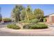 Community entrance with desert landscaping, mature shade trees, and street access at 8005 Egypt Meadows Ave, Las Vegas, NV 89178