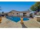 Backyard view of a refreshing private swimming pool, patio area, and well-maintained landscaping at 604 Bryant Ct, Boulder City, NV 89005