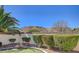 Beautifully landscaped backyard featuring mature trees and shrubs with mountain view at 9843 Wonderful Day Dr, Las Vegas, NV 89148