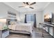 A bedroom with wood-look flooring, ceiling fan and a well-lit workspace at , Las Vegas, NV 89117