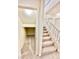 Carpeted stairs with white railings and a convenient storage space or closet underneath the staircase at 1838 Fighting Falcon Ln, North Las Vegas, NV 89031