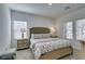 Inviting bedroom with a patterned bedding, neutral tones, and dual nightstands at 889 Elmwood Forest Ln, Las Vegas, NV 89138