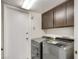 Laundry room with modern front loading washer and dryer, with overhead cabinets for extra storage space at , Las Vegas, NV 89109