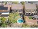 Aerial view of backyard oasis featuring pool, patio, seating and manicured lawn at 1163 Highbury Grove St, Henderson, NV 89002