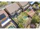 Aerial view of backyard oasis featuring pool, patio, seating and manicured lawn at 1163 Highbury Grove St, Henderson, NV 89002