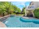 Sparkling pool with integrated spa and tranquil waterfall surrounded by green landscaping and trees at 306 Treehouse Ct, Henderson, NV 89012