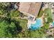 Aerial view of a beautiful backyard with a uniquely shaped pool, green lawn, and outdoor seating at 306 Treehouse Ct, Henderson, NV 89012