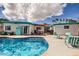 Backyard with a turquoise pool, patio furniture, and a covered patio, perfect for outdoor entertaining at 3212 Sundown Dr, Las Vegas, NV 89169