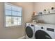 Bright laundry room with modern appliances and organized shelving at 387 Layla Bay St, Henderson, NV 89014