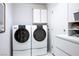 Bright laundry room featuring a front load washer and dryer set, white cabinets and storage shelves at 9300 Villa Ridge Dr, Las Vegas, NV 89134