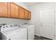 Practical laundry room equipped with washer, dryer, cabinets, and an exterior access door at , Las Vegas, NV 89122