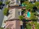 Aerial view displays a house with a private pool and lush landscaping in a suburban neighborhood at 10528 Meadow Mist Ave, Las Vegas, NV 89135