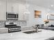 Close-up of a modern kitchen featuring sleek countertops, stainless steel appliances, and stylish lighting at 108 Kimberlite Dr, Henderson, NV 89011