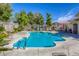 Community swimming pool with nearby lounge chairs surrounded by tropical plants at 3353 Kylemore St # 101, Las Vegas, NV 89129