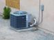 Close up of a Carrier brand HVAC unit on a concrete pad beside a boarded window at 4225 Seth Dr, North Las Vegas, NV 89032