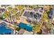 Aerial view of an incredible backyard pool, an outdoor spa, palm trees, and covered patio at 6005 Blowing Bellows St, Las Vegas, NV 89130