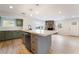 Modern kitchen featuring stainless steel appliances, gray cabinets, a center island, and light wood flooring at 659 D Ave, Boulder City, NV 89005