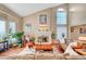 Cozy living room featuring a fireplace, high ceilings, lots of windows, and comfortable furnishings at 8908 Rocky Shore Dr, Las Vegas, NV 89117