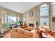 Bright living room with high ceilings, fireplace, large windows, and comfortable seating at 8908 Rocky Shore Dr, Las Vegas, NV 89117