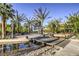 Beautiful community space featuring an ornamental pond with a floating walkway and palm trees at 11576 Ashy Storm Ave, Las Vegas, NV 89138