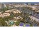 Panoramic aerial showcasing the community's prime location, resort-style pool, tennis courts, and verdant landscaping at 260 E Flamingo Rd # 311, Las Vegas, NV 89169