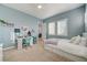 Bright bedroom featuring a white study desk, plush carpet and shutters at 2796 Rosenhearty Dr, Henderson, NV 89044