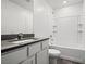 Clean bathroom featuring a combined bathtub and shower, and a sleek gray vanity at 4223 Gold Desert St, North Las Vegas, NV 89032