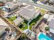 Aerial view of a landscaped backyard with a covered patio, lush lawn, and swimming pool at 6316 Canyon Ridge Dr, Las Vegas, NV 89108