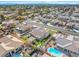 An aerial view showing the backyard oasis with an outdoor kitchen, green spaces, and sparkling swimming pool at 6316 Canyon Ridge Dr, Las Vegas, NV 89108