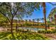 Outdoor tennis courts surrounded by lush landscaping and palm trees offer a beautiful recreational amenity at 11342 Winter Cottage Pl, Las Vegas, NV 89135