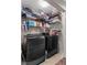 Organized laundry room with front loading washer and dryer and ample shelf storage at 7017 Pink Flamingos Pl, North Las Vegas, NV 89084