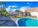 Beautiful backyard with a private pool, patio, and lush landscaping, perfect for outdoor entertaining at 7301 Bachelors Button Dr, Las Vegas, NV 89131