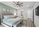 Bright bedroom featuring a ceiling fan and soothing green accent wall at 8705 Fordster St, Las Vegas, NV 89166