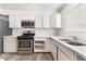 Cozy kitchen featuring white cabinets, stainless steel appliances, and wood-look flooring at 212 Huntly Rd, Las Vegas, NV 89145