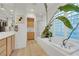 Bright bathroom features double sinks, a soaking tub with a plant, and a glass shower at 2785 Soft Horizon Way, Las Vegas, NV 89135