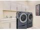 This laundry room features front loading washer and dryer, shaker cabinets, and laminate countertops at 6033 Bugsy St, North Las Vegas, NV 89081