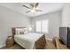 Comfortable bedroom with a ceiling fan, plantation shutters, and cozy furnishings at 9435 Westwind Rd, Las Vegas, NV 89139