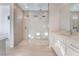 Modern bathroom featuring a glass-enclosed shower and white cabinets at 5015 Terramont Dr, Las Vegas, NV 89135