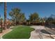 This backyard features a trampoline, a play structure, mature landscaping, and synthetic grass at 9012 Alpine Peaks Ave, Las Vegas, NV 89147