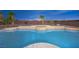 Backyard in-ground pool with decorative tiled accents and mature palm trees at 9795 La Cienega St, Las Vegas, NV 89183