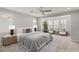 Staged main bedroom featuring neutral colors, carpet floors, and ample windows with shutters at 2153 Havensight Ln, Henderson, NV 89052