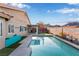 Backyard with a sparkling pool, covered patio, and mountain views, perfect for relaxation and outdoor enjoyment at 58 Desert Sunflower Cir, Henderson, NV 89002