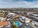 The aerial view of the property showcases the pool, patio, and surrounding neighborhood at 6240 Clarice Ave, Las Vegas, NV 89107