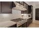 Close up shot of a gourmet gas range and stainless steel range hood with marble backsplash at 733 Aberdeen Tartan St, Las Vegas, NV 89138