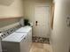 Convenient laundry area with modern washer and dryer, shelving, and a door to the outside at 11118 Scotscraig Ct, Las Vegas, NV 89141