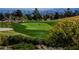 Scenic golf course view showcasing lush green fairway, a red flag on the putting green and verdant landscaping at 10121 Hemet Dr, Las Vegas, NV 89134