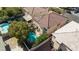 Aerial image of home with swimming pool, patio, and luscious landscaping at 10608 Medicine Bow St, Las Vegas, NV 89183